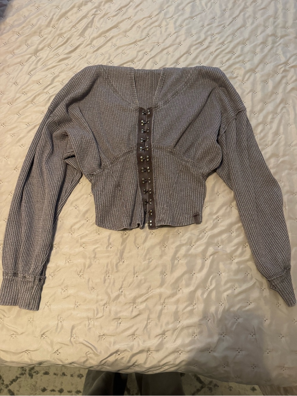 Heather Gray Ribbed Cropped Cinched Top with Hook Closure- FREE PEOPLE